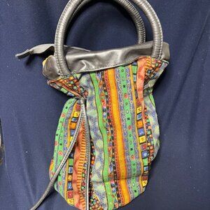 Drawstring Bucket Boho Mini Handbag Purse Silver Gray Multi Colors Striped